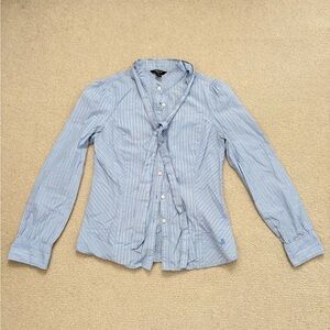 Light Blue Striped Tie-Neck Blouse - Women's